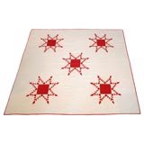 Antique 19THC RED & WHITE FEATHERED STAR QUILT