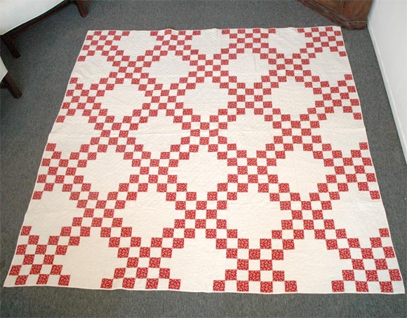 19THC RED & WHITE DOUBLE IRISH CHAIN QUILT