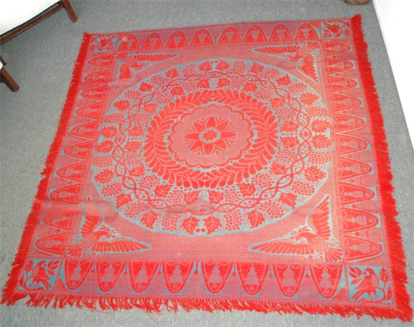 19THC PENNSYLVANIA WOVEN COVERLET IN BLUE&RED WOOL