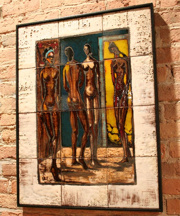 This painting of female nude figures in an interior space is rendered in glazed Italian ceramic tiles set in a black wood frame. The colors are rich and warm with a few aqua blue accents.

Please contact us if you have any questions.