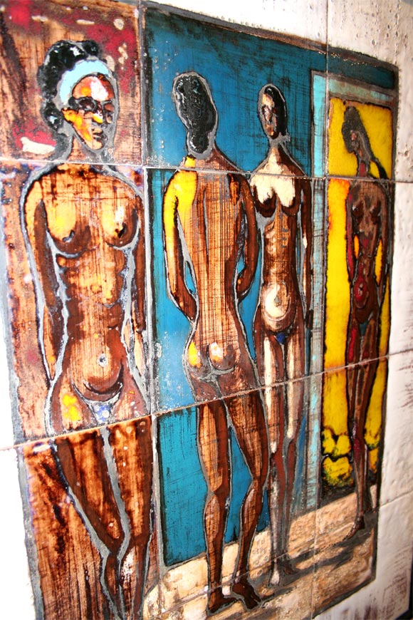 20th Century Italian Ceramic Tile Painting of Female Nudes in an Interior