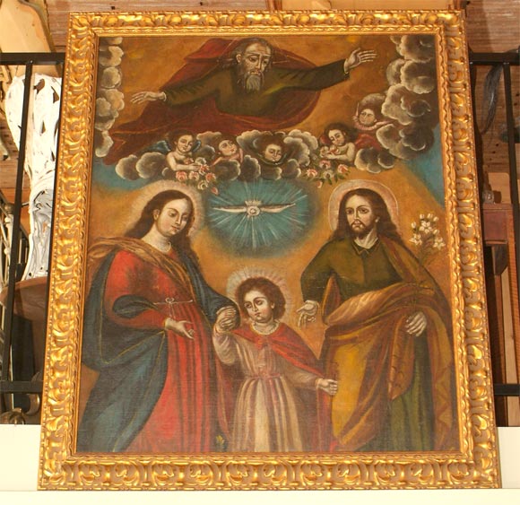 Large oil painting of the holy family on hand woven canvas. 
Peruvian or Bolivian.
Acquired  from an estate in the San Francisco Bay Area from a gentleman who had been in the first wave of Peace Corp Volunteers in the early 1960's working as an