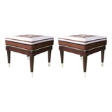 A Pair of Walnut Upholstered Stools with Silver Plate Accents
