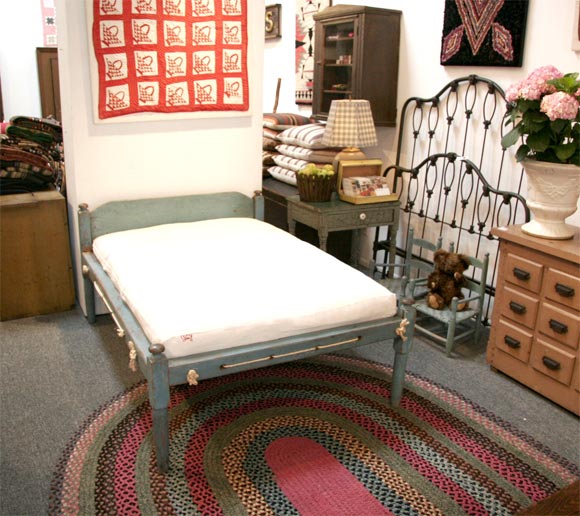 19THC ORIGINAL BLUE PAINTED ROPE BED