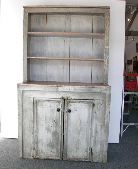 19THC ORIGINAL WHITE/GREY OPEN TOP PEWTER CUPBOARD WITH GREAT PAINTED SURFACE AND PATINA/PICTURE FRAME MOLDING TRIM ON DOORS AND PAINTED INSIDE BACK BOARDS-GREAT ADDITION TO A COUNTRY COLLECTION!