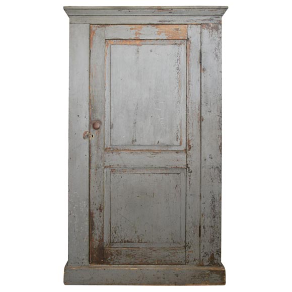 19THC ORIGINAL GREY PAINTED WALL CUPBOARD