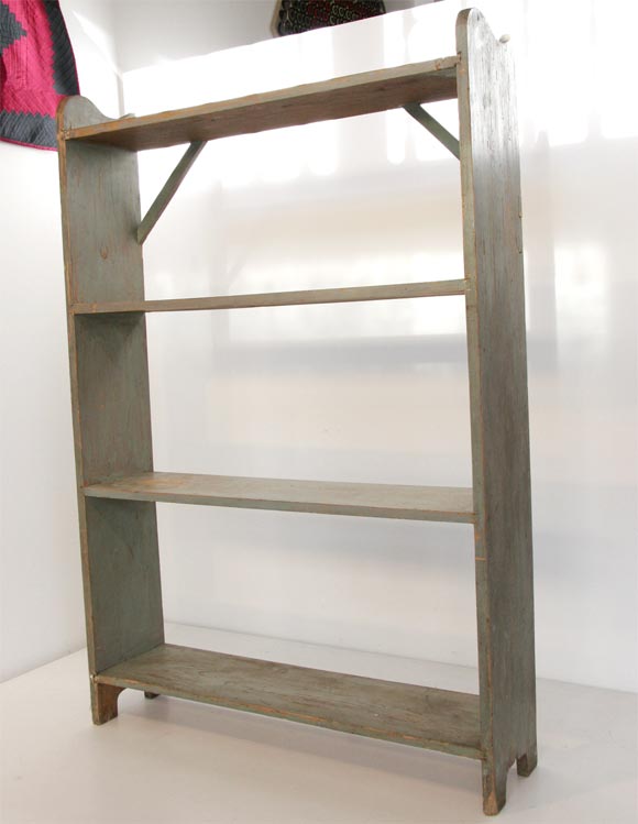 19THC ORIGINAL SAGE GREEN PAINTED BUCKET SHELF/GREAT SIZE AND CONDITION/ VERY HARD TO FIND SIZE WITH FOUR SHELFS-DOVETAILED IN SHELFS AND SQUARE NAIL CONSTRUCTION-VERY STRONG AND STURDY SHELF