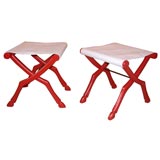 Striking Pair of Coral Painted Benches with Ostrich Seats