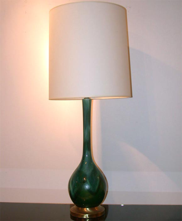 American LARGE PAIR OF HAEGER LAMPS WITH A PEACOCK GLAZE