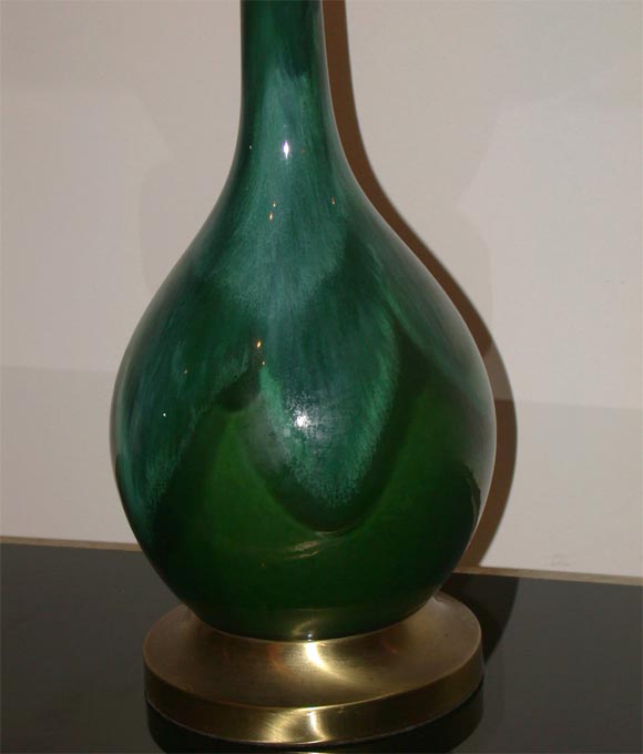Mid-20th Century LARGE PAIR OF HAEGER LAMPS WITH A PEACOCK GLAZE