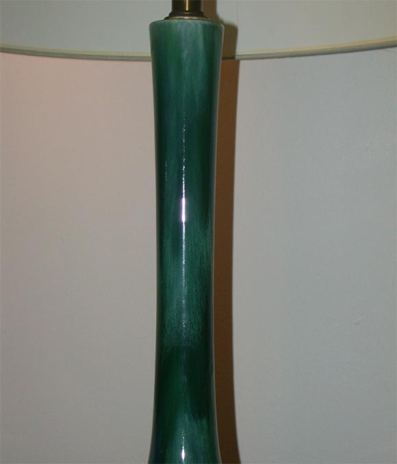 LARGE PAIR OF HAEGER LAMPS WITH A PEACOCK GLAZE 1