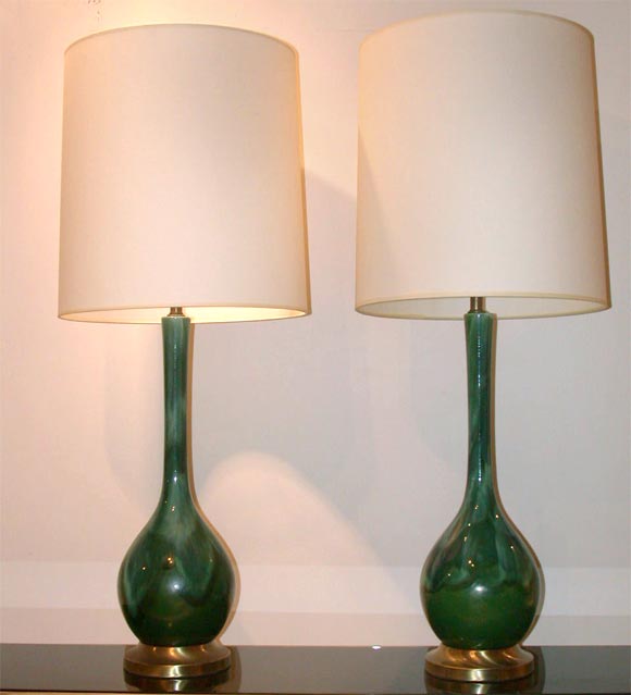 LARGE PAIR OF HAEGER LAMPS WITH A PEACOCK GLAZE 3