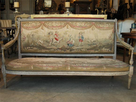 Fabulous 18th c. Aubusson Set depicting The fables of Fontaine<br />
Attributed to Claude Sene ---circa 1780<br />
Canape--67