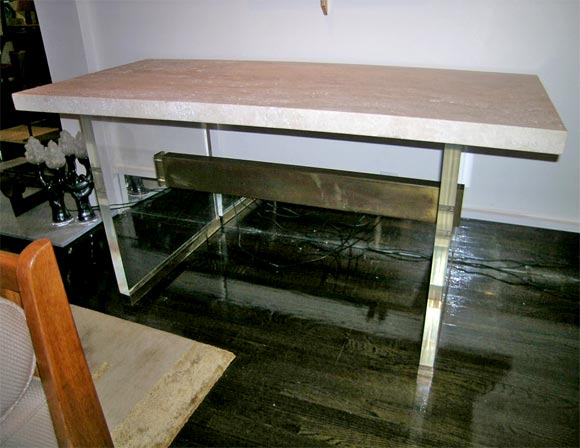pair of lucite table with travertine marble tops
