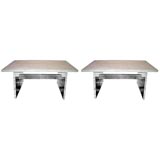 pair of lucite table with travertine marble tops