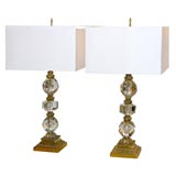 Pair of Table Lamps in Brass with Faceted Crystal Spheres