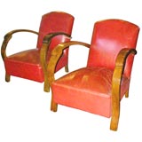 Pair of French 30's Leather Lounge Chairs