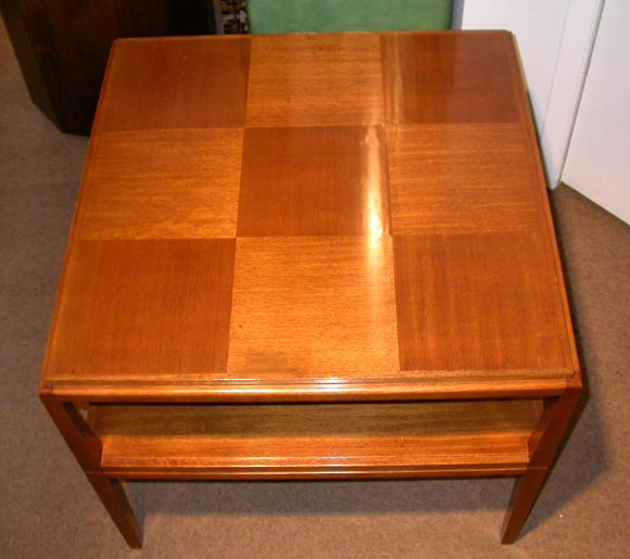 2-Tier end table with parquet top designed by Tommi Parzinger