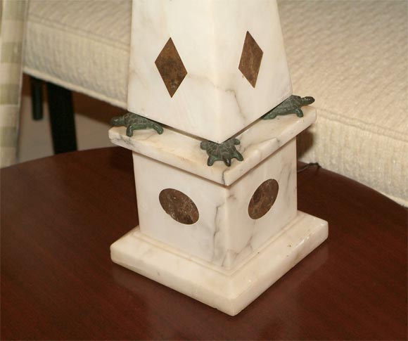 Italian Marble Obelisk Lamp with Bronze Turtle Mounts For Sale