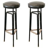 Pair of French Iron + Leather Barstools