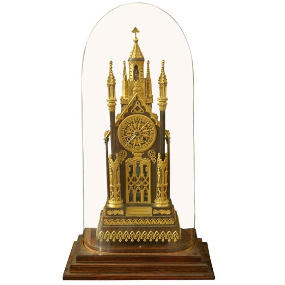 19th c. Bronze Cathedral Clock with Glass case