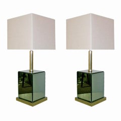 Pair of Brass and Colored Mirrored Table Lamps by Arredoluce.