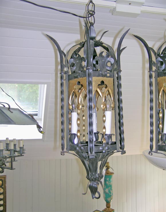 Parcel gilt and wrought iron Gothic Revival hanging lantern....two available, price is for one