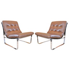 Pr. of chrome & leather sling lounge chairs