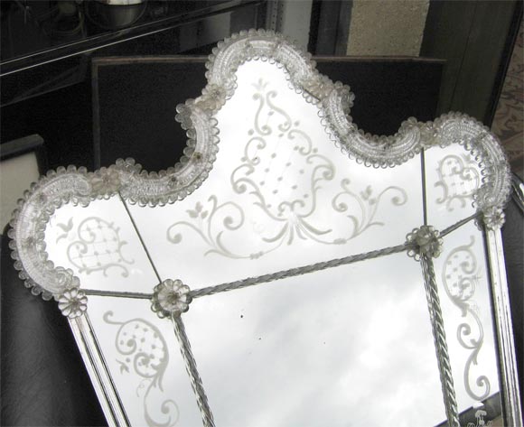Italian Venetian Mirror with Engraved Flowers and Applied Glass Flowers