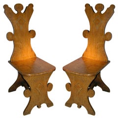 Rare Pair of 19th c. Brass Inlay Graphic Scottish Hall-Chairs