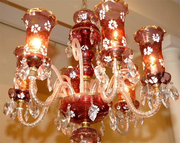 American Bohemian  parcel-gilt six-light cranberry glass chandelier For Sale