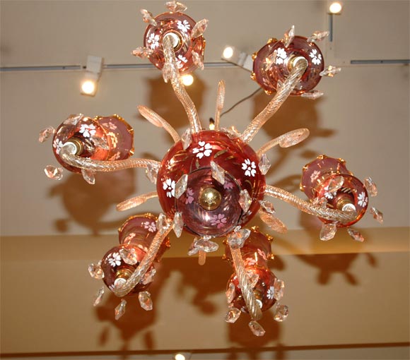 Bohemian  parcel-gilt six-light cranberry glass chandelier In Good Condition For Sale In San Francisco, CA