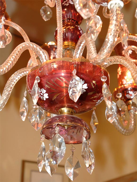 19th Century Bohemian  parcel-gilt six-light cranberry glass chandelier For Sale