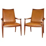 John Nyquist Walnut Armchairs w/Leather Upholstery