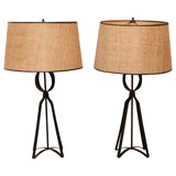 Vintage Pair of Modern Iron Lamps with Original seagrass Shades