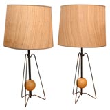 Vintage Pair of Iron Lamps w/Cork Element and Original Seagrass Shades