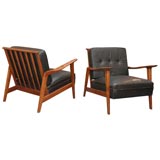 Pr of Studio CA Walnut Lounge Chairs w/Black Leather John Kapel Pr of Studio CA Walnut Lounge Chairs w/Black Leather John Kapel