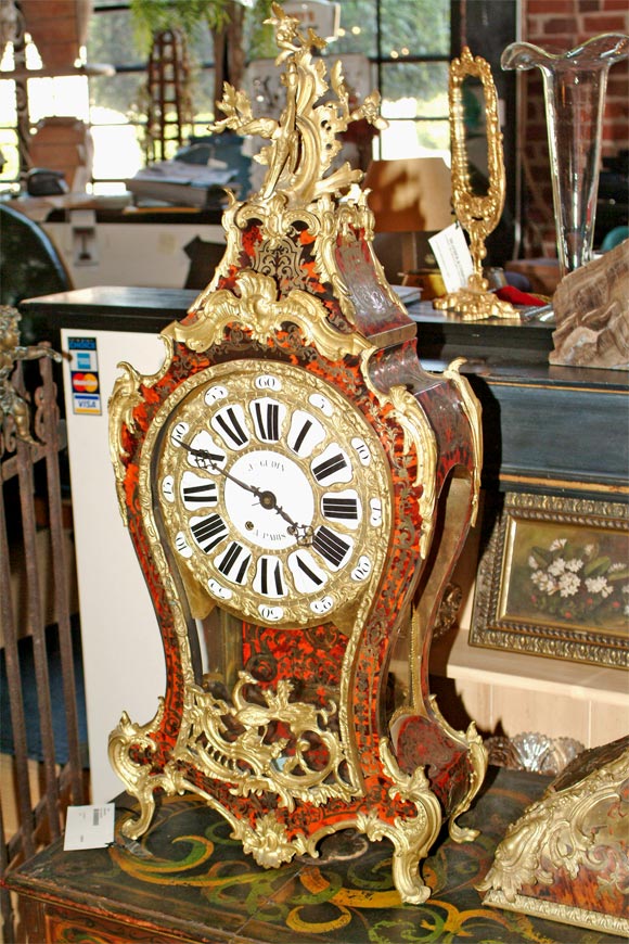 J. Gudin French bracket clock with gilt bronze ormolu and tortoiseshell marquetry.  This clock has the original bracket base.  bracket measure 21