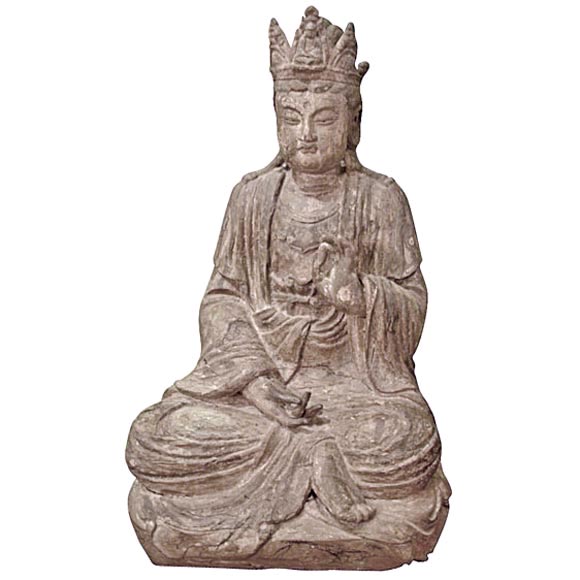 Chinese Ming Dynasty Seated Carved Wood Kwan Yin