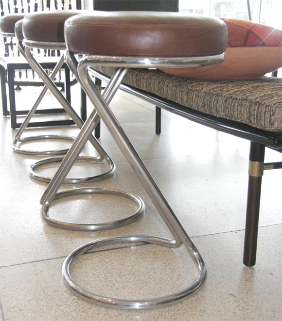 American Set of Four Leather and Chrome Stools by Gilbert Rohde