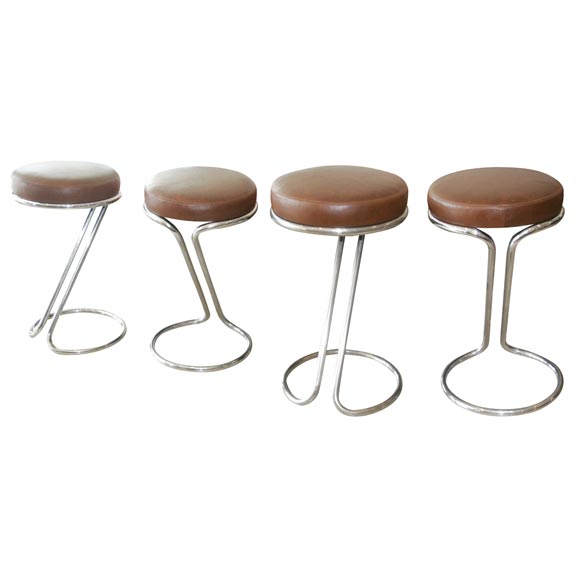 Set of Four Leather and Chrome Stools by Gilbert Rohde