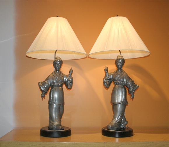 Pair Chinese Figural Pewter Lamps