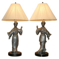 Pair Chinese Figural Pewter Lamps