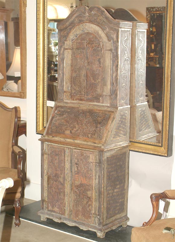 Elegant and petite Venetian silver gilt and faux marble secretary cabinet.  This piece was constructed from 17th or 18th century painted and gilt panels.