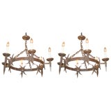Pair of Spanish Wrought iron six light chandeliers