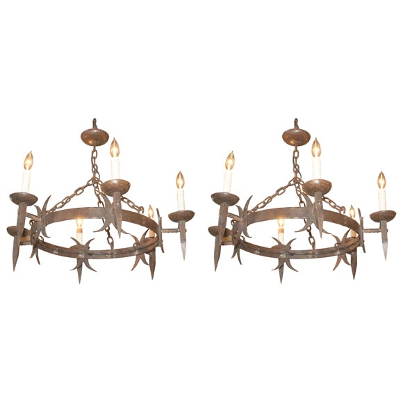 Pair of Spanish Wrought iron six light chandeliers