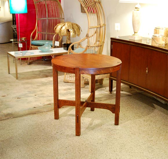 Fine & rare Gustav Stickley lamp table, #644.  Thru-tenon post construction, notched cross stretcher, central peg, paper label.  ***Contact Information: AOL (American Online) users may experience difficulties sending emails to us or receiving emails