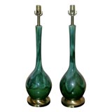 Retro PAIR OF CERAMIC LAMPS WITH A PEACOCK DRIP GLAZE.