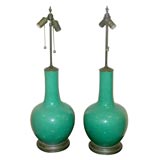 LARGE PAIR OF CERAMIC LAMPS WITH A STUNNING GREEN CRACKLE GLAZE