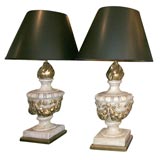 PAIR OF LARGE ORNATE URN SHAPED LAMPS WITH GARLAND SWAGS.